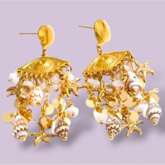 New ANTHRO Evil Eye Seashell Fringe Dangle Earrings - Picture 2 of 9